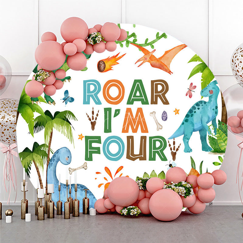 Lofaris Roar I’m Four Dinosaur Birthday Round Backdrop Boys 4th Bday Party Banner T Rex and Volcano Jungle Photo Prop
