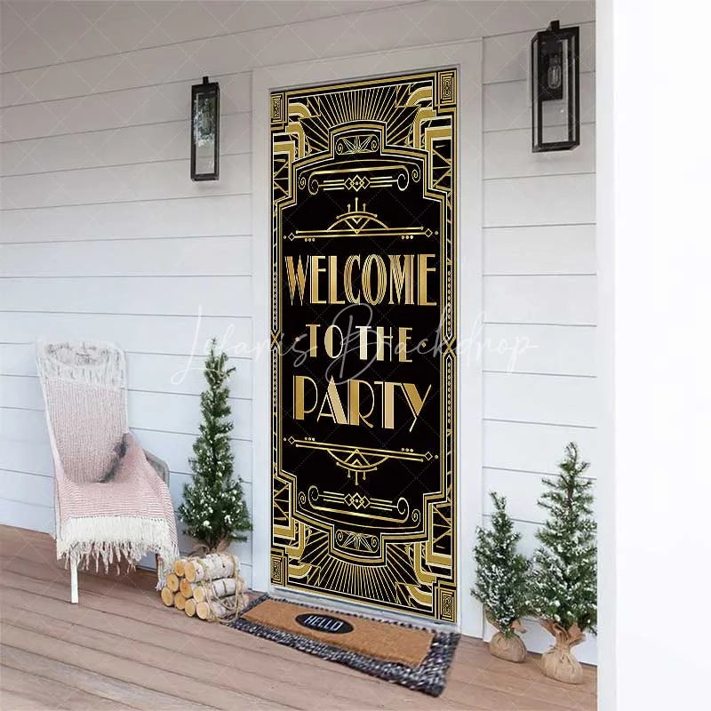 Lofaris Roaring 20s Black and Gold Door Cover Art Deco Welcome to The Party Sign Decoration