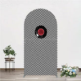 Lofaris Rock and Roll Music Arch Backdrop Black White Checkerboard with Vinyl Record One Rocket Birthday Party Decor