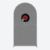 Lofaris Rock and Roll Music Arch Backdrop Black White Checkerboard with Vinyl Record One Rocket Birthday Party Decor