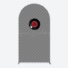 Lofaris Rock and Roll Music Arch Backdrop Black White Checkerboard with Vinyl Record One Rocket Birthday Party Decor