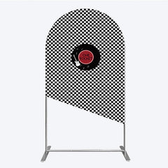 Lofaris Rock and Roll Music Arch Backdrop Black White Checkerboard with Vinyl Record One Rocket Birthday Party Decor