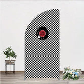 Lofaris Rock and Roll Music Half Moon Arch Backdrop Black White Checkerboard with Vinyl Record One Rocket Birthday Party Decor