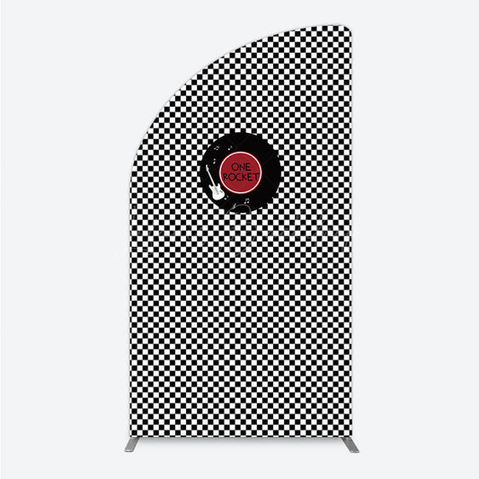 Lofaris Rock and Roll Music Half Moon Arch Backdrop Black White Checkerboard with Vinyl Record One Rocket Birthday Party Decor