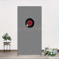 Lofaris Rock and Roll Music Rectangle Backdrop Black White Checkerboard with Vinyl Record One Rocket Birthday Party Decor