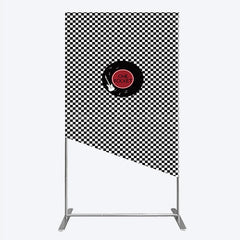 Lofaris Rock and Roll Music Rectangle Backdrop Black White Checkerboard with Vinyl Record One Rocket Birthday Party Decor
