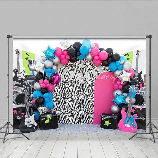 Lofaris Rock and Roll Zebra Print Guitar Backdrop Music Theme Neon Star Decor for Kids Birthday Party