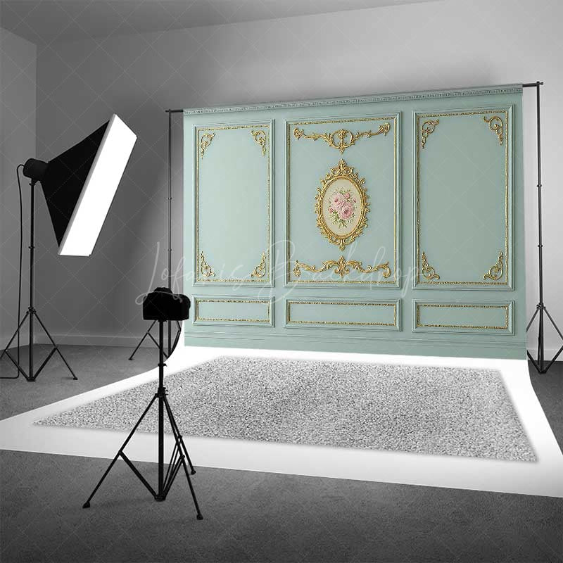 Lofaris Rococo Wall Photography Backdrop Blue and Gold Ornate Molding Panels with Roses French Vintage Studio Prop