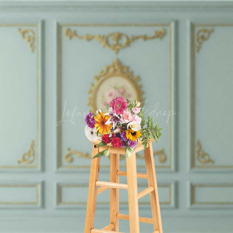 Lofaris Rococo Wall Photography Backdrop Blue and Gold Ornate Molding Panels with Roses French Vintage Studio Prop