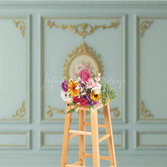 Lofaris Rococo Wall Photography Backdrop Blue and Gold Ornate Molding Panels with Roses French Vintage Studio Prop