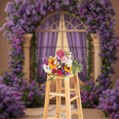 Lofaris Romantic Arched Window Photography Backdrop Purple Lilac and Roses Garland Fairytale Garden Wedding Photo Prop