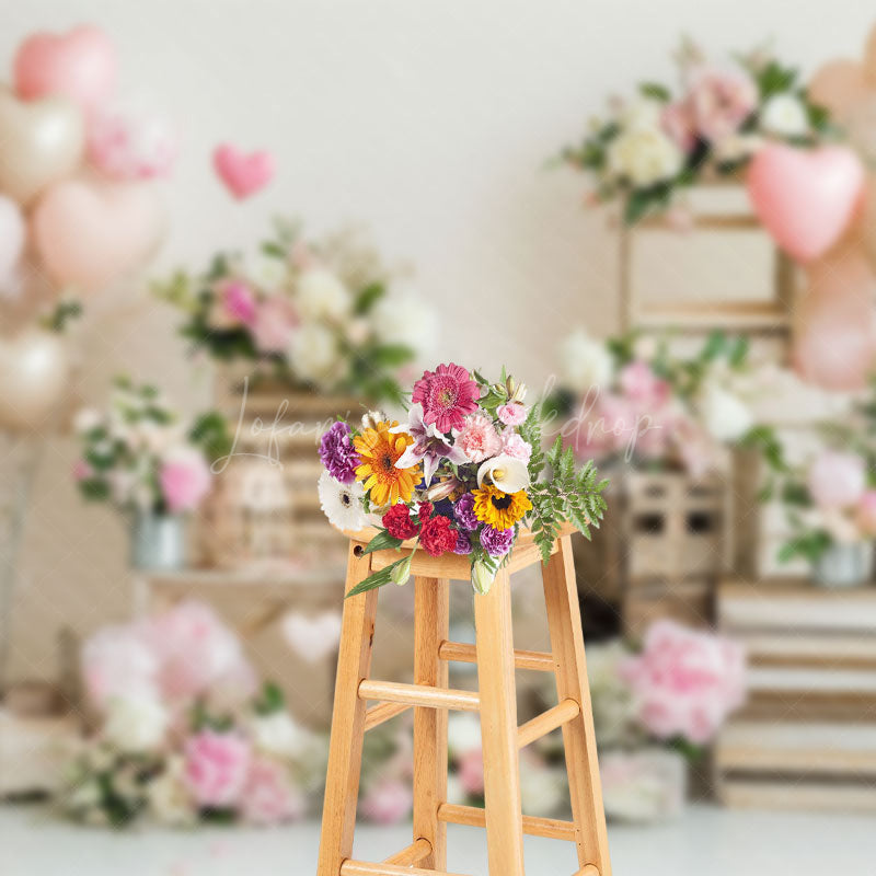 Lofaris Romantic Balloon Pink Floral Valentines Day Backdrop