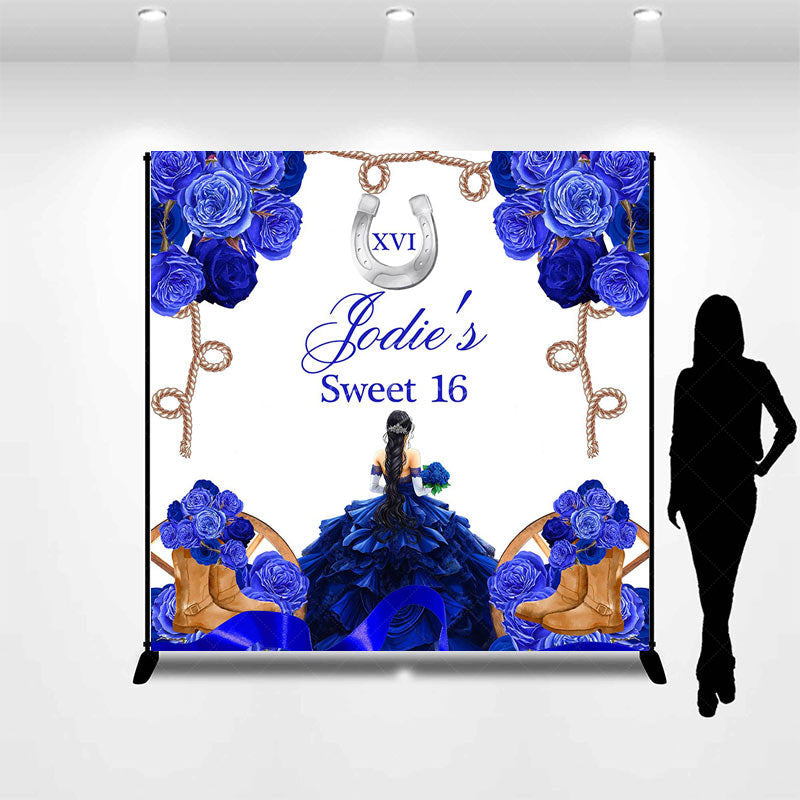 Lofaris Romantic Blue Rose Cowgirl Custom Sweet 16 Backdrop