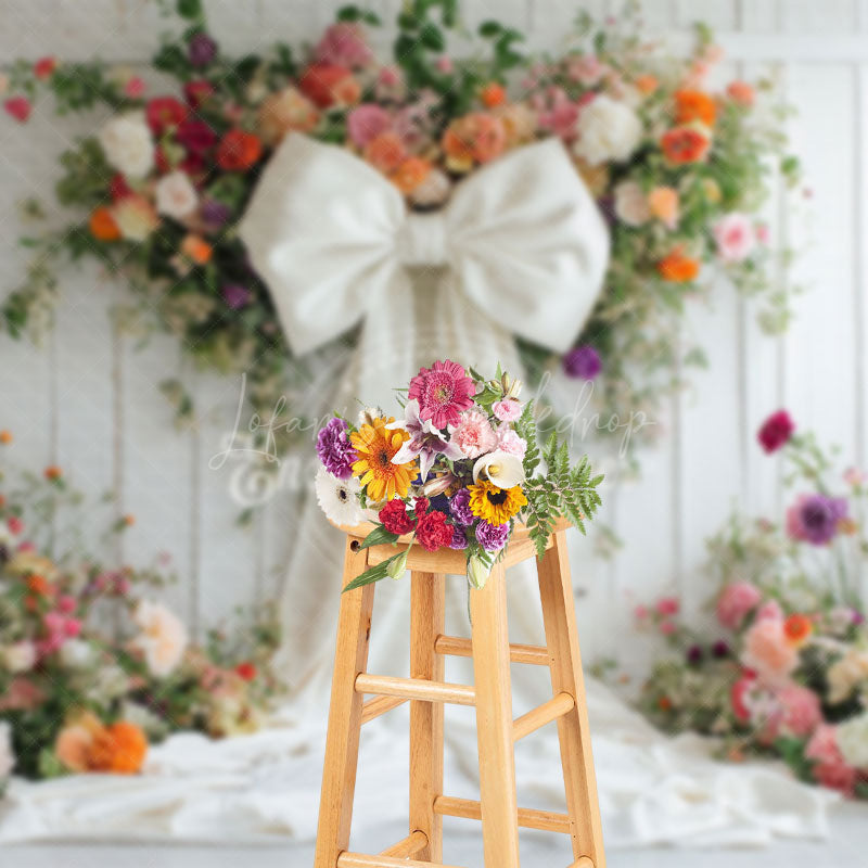 Lofaris Romantic Colorful Floral White Bow Wedding Backdrop