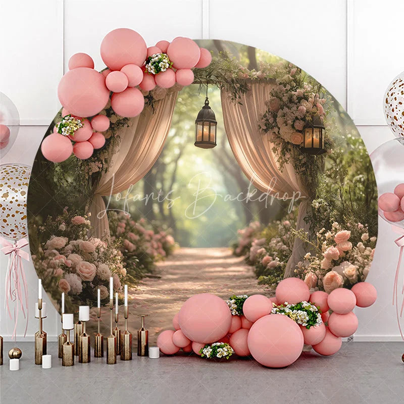 Lofaris Romantic Enchanted Forest Wedding Round Backdrop with Blush Pink Roses Elegant Sheer Drapes and Warm Lanterns