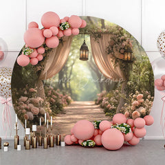 Lofaris Romantic Enchanted Forest Wedding Round Backdrop with Blush Pink Roses Elegant Sheer Drapes and Warm Lanterns