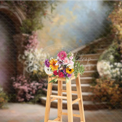 Lofaris Romantic Enchanted Garden Photography Backdrop Elegant Curved Stone Staircase with Pink and White Blossoms
