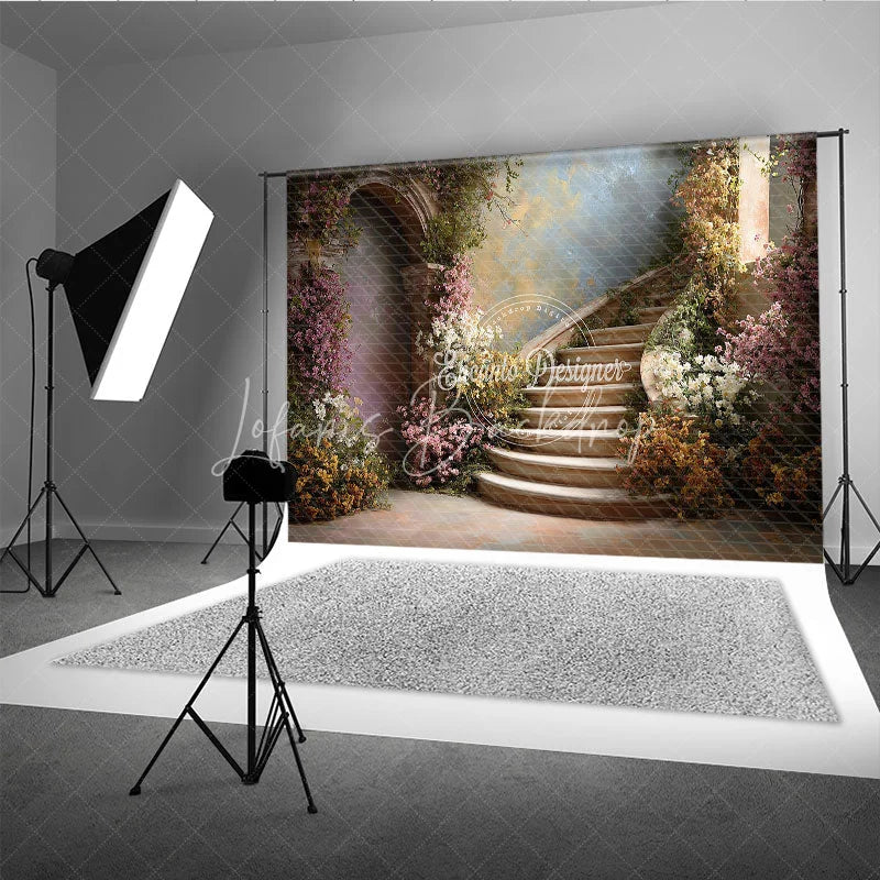 Lofaris Romantic Enchanted Garden Photography Backdrop Elegant Curved Stone Staircase with Pink and White Blossoms