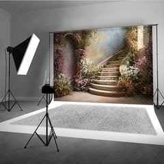 Lofaris Romantic Enchanted Garden Photography Backdrop Elegant Curved Stone Staircase with Pink and White Blossoms