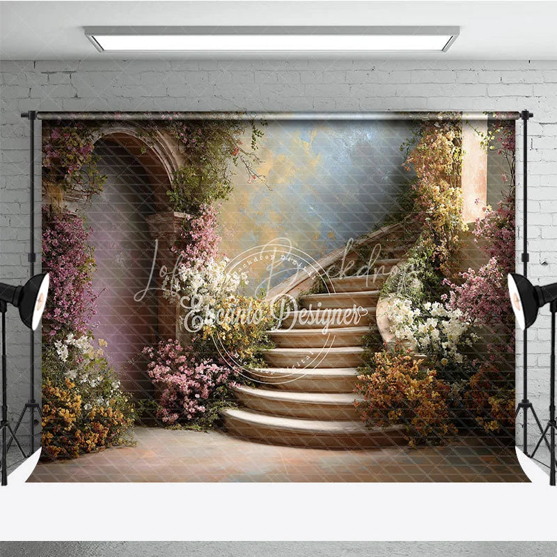 Lofaris Romantic Enchanted Garden Photography Backdrop Elegant Curved Stone Staircase with Pink and White Blossoms
