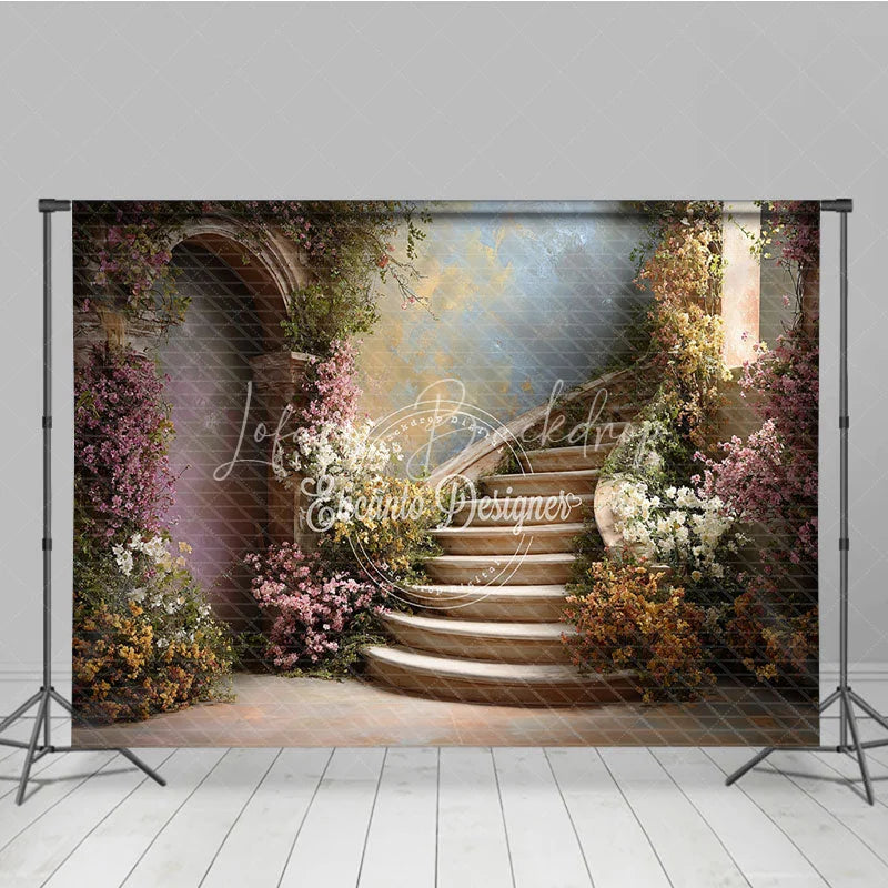 Lofaris Romantic Enchanted Garden Photography Backdrop Elegant Curved Stone Staircase with Pink and White Blossoms