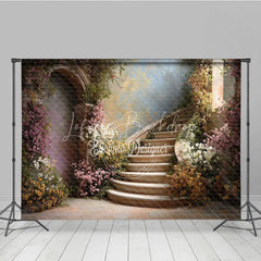 Lofaris Romantic Enchanted Garden Photography Backdrop Elegant Curved Stone Staircase with Pink and White Blossoms