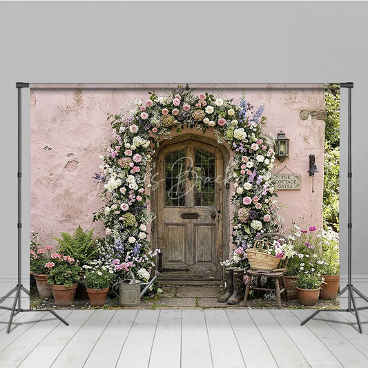 Lofaris Romantic Floral Arch and Rustic Wooden Door Photography Backdrop Pink Cottage Wall Garden Decor