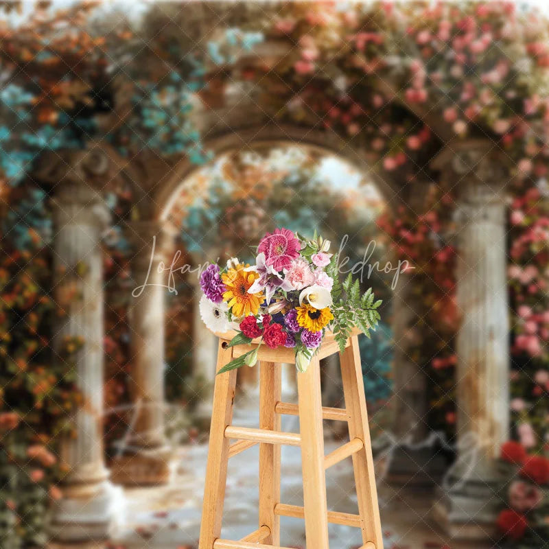 Lofaris Romantic Floral Archway Backdrop Classical Architecture Columns and Pink Roses Photography Background for Wedding