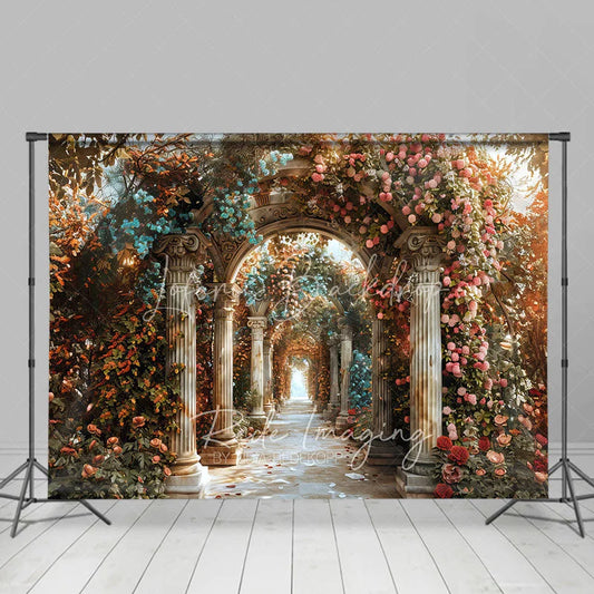 Lofaris Romantic Floral Archway Backdrop Classical Architecture Columns and Pink Roses Photography Background for Wedding