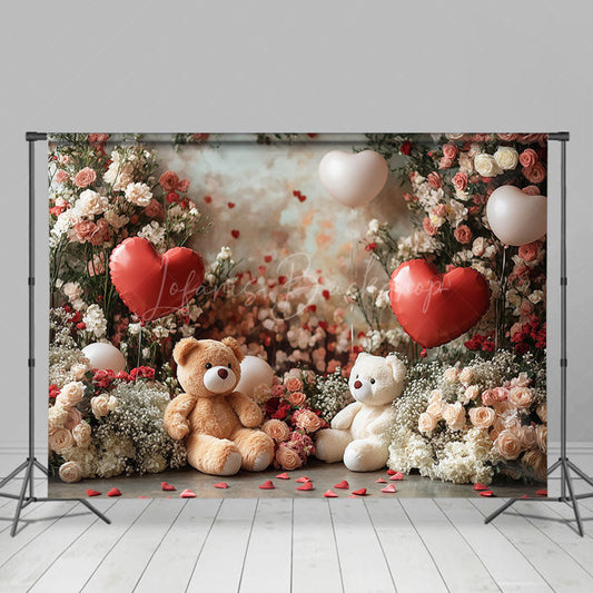 Lofaris Romantic Floral Balloon Bear Valentines Day Backdrop