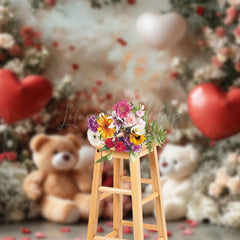 Lofaris Romantic Floral Balloon Bear Valentines Day Backdrop