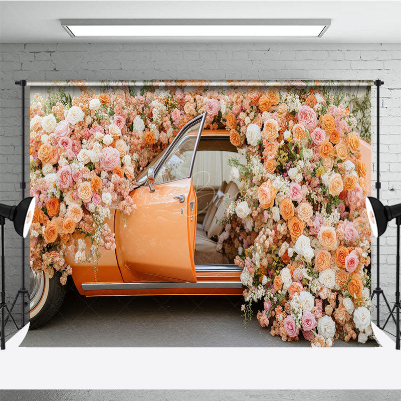 Lofaris Romantic Floral Car Spring Wedding Photo Backdrop