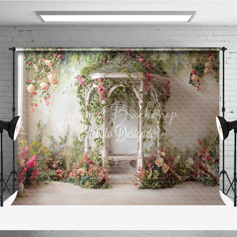Lofaris Romantic Garden Gazebo Photography Backdrop Pink Roses and Green Vines for Spring Summer Events