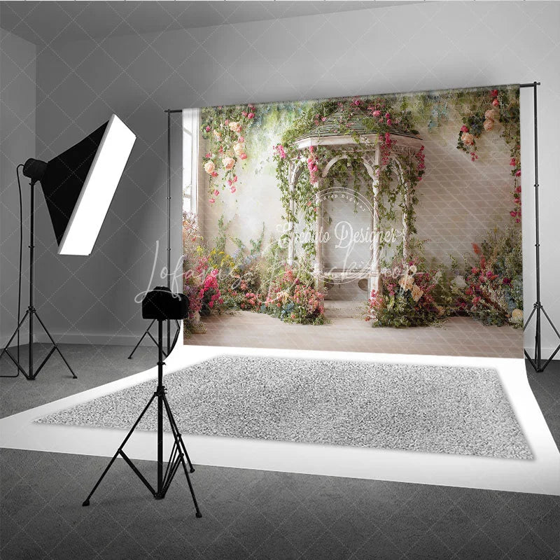 Lofaris Romantic Garden Gazebo Photography Backdrop Pink Roses and Green Vines for Spring Summer Events
