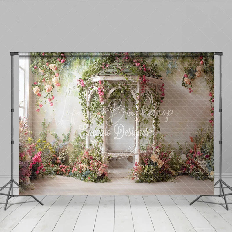 Lofaris Romantic Garden Gazebo Photography Backdrop Pink Roses and Green Vines for Spring Summer Events