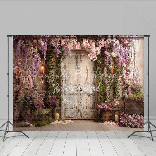 Lofaris Romantic Garden Photography Backdrop with Distressed Wooden Door Cascading Pink Wisteria Flowers and Lanterns