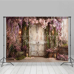 Lofaris Romantic Garden Photography Backdrop with Distressed Wooden Door Cascading Pink Wisteria Flowers and Lanterns