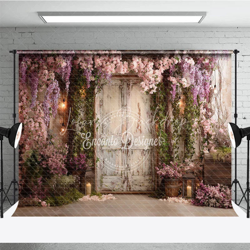 Lofaris Romantic Garden Photography Backdrop with Distressed Wooden Door Cascading Pink Wisteria Flowers and Lanterns