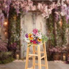 Lofaris Romantic Garden Photography Backdrop with Distressed Wooden Door Cascading Pink Wisteria Flowers and Lanterns
