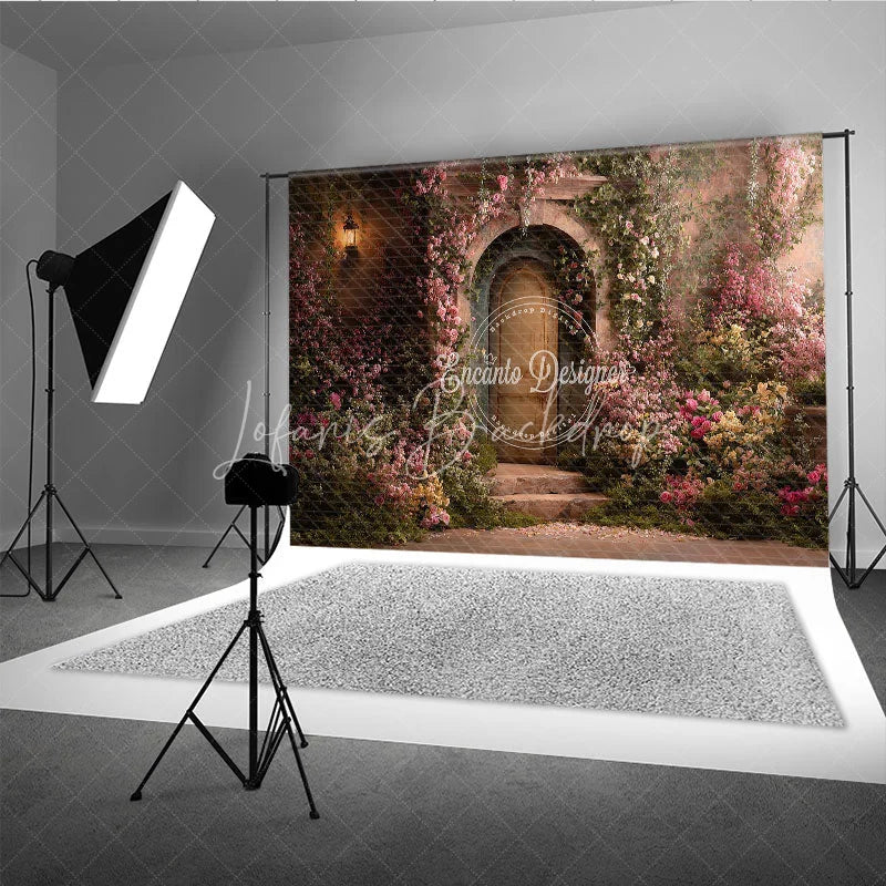 Lofaris Romantic Garden Photography Backdrop with Stone Archway Rustic Door Pink Roses and Vintage Lantern