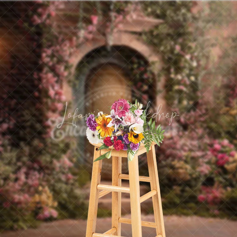 Lofaris Romantic Garden Photography Backdrop with Stone Archway Rustic Door Pink Roses and Vintage Lantern