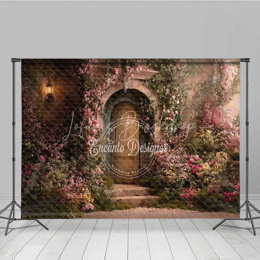 Lofaris Romantic Garden Photography Backdrop with Stone Archway Rustic Door Pink Roses and Vintage Lantern