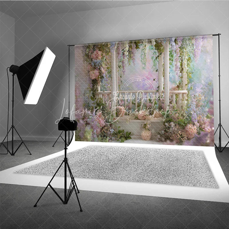 Lofaris Romantic Garden Wooden Archway Photography Backdrop Pink Blue Pastel Flowers Ethereal Wisteria Vines for Celebrations