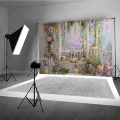 Lofaris Romantic Garden Wooden Archway Photography Backdrop Pink Blue Pastel Flowers Ethereal Wisteria Vines for Celebrations