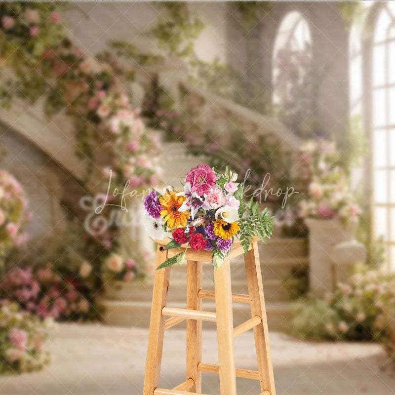 Lofaris Romantic Grand Staircase with Pink Roses and Green Vines Photography Backdrop Elegant Fairytale Wedding Party Decor