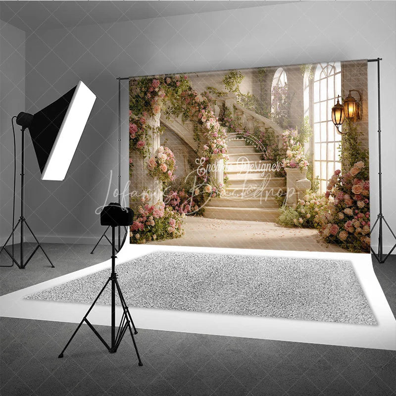 Lofaris Romantic Grand Staircase with Pink Roses and Green Vines Photography Backdrop Elegant Fairytale Wedding Party Decor