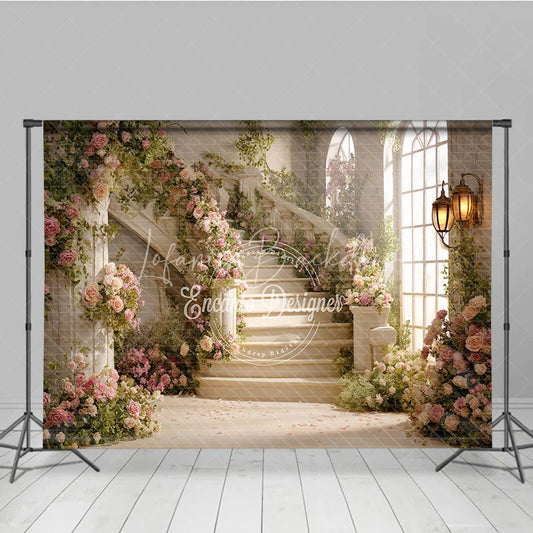Lofaris Romantic Grand Staircase with Pink Roses and Green Vines Photography Backdrop Elegant Fairytale Wedding Party Decor