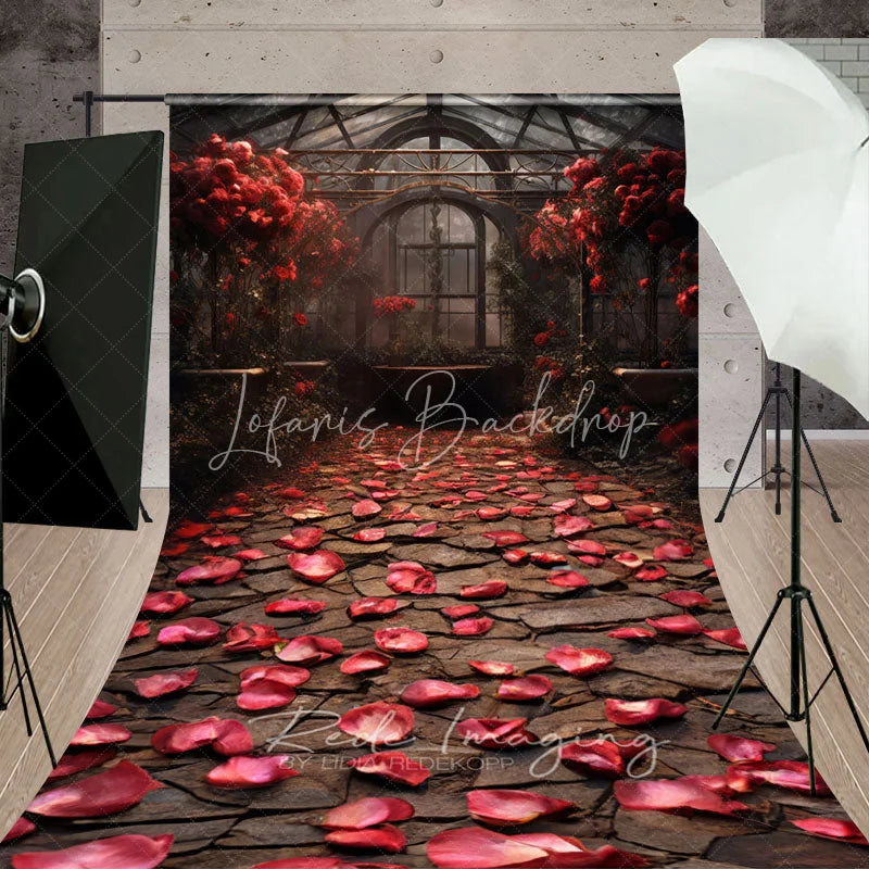 Lofaris Romantic Greenhouse Garden Backdrop Red Roses Stone Path Glass House Interior Background Wedding Photography
