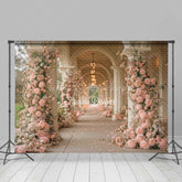 Lofaris Romantic Hallway Photography Backdrop Pink Floral Columns at a Palace Elegant Wedding Aisle or Reception Decor