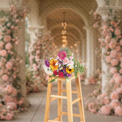 Lofaris Romantic Hallway Photography Backdrop Pink Floral Columns at a Palace Elegant Wedding Aisle or Reception Decor